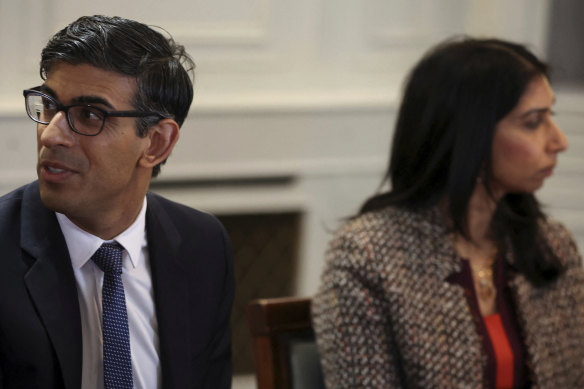 In happier times? British Prime Minister Rishi Sunak in April with his then home secretary Suella Braverman, who he sacked on Monday in a cabinet reshuffle.