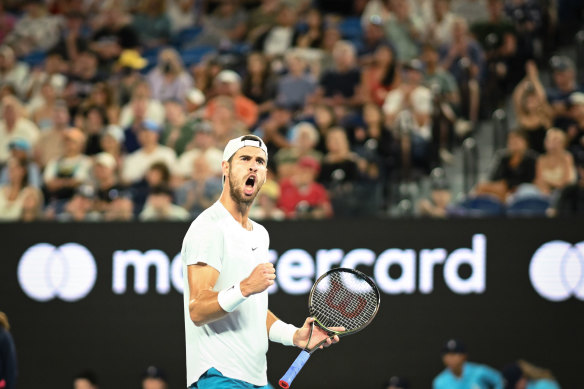 Karen Khachanov celebrating. 