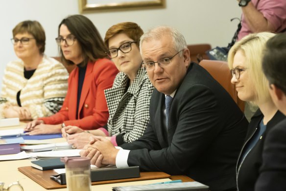 Prime Minister Scott Morrison and Minister for Women Marise Payne during the first meeting of cabinet’s women’s taskforce in April.