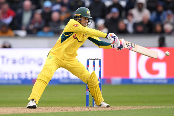 Alex Carey plays a cut during his innings