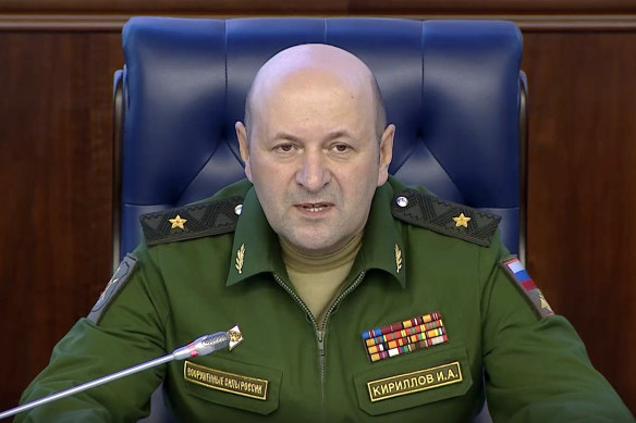 Major General Igor Kirillov, the head of the Russian military’s radiation, biological and chemical protection troops.
