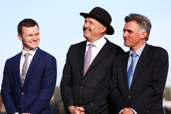 Trainer Tom Dabernig (right) pictured with trainers Ben Hayes (L) and David Hayes (centre).