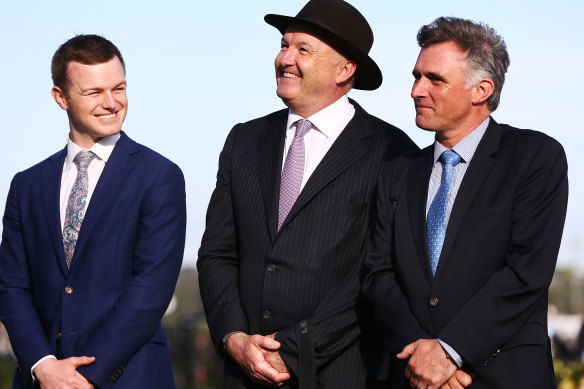 Tom Dabernig (right) during his time at Lindsay Park with David and Ben Hayes (left).