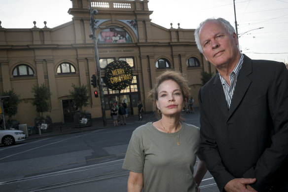 Actor Sigrid Thornton and film producer husband Tom Burstall outside the Victoria Market.