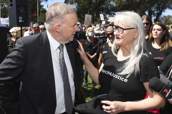 Opposition Leader Anthony Albanese and march organiser Janine Hendry at Monday’s protest in Canberra.
