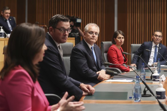 Prime Minister Scott Morrison with premiers Annastacia Palaszczuk, Daniel Andrews, Gladys Berejiklian and Steven Marshall on Friday.
