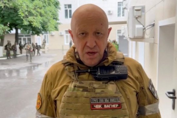 Wagner leader and founder Yevgeny Prigozhin speaks from the headquarters of the Russian southern army military command centre in Rostov-on-Don, Russia. The image is taken from a video released on Saturday.