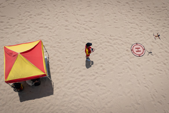 UAV pilot Cooper Levit from Surf Life Saving NSW uses a drone to monitor sharks at Maroubra, as part of ongoing operations.