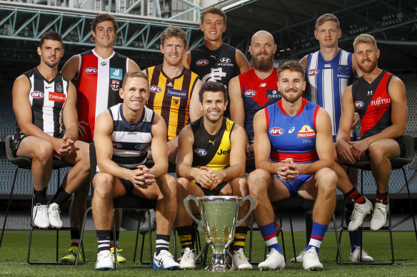 Essendon’s Dyson Heppell (far right) enjoys universal respect among the AFL’s club captains.