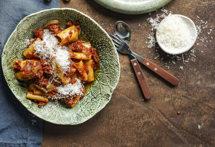 Pasta with slow-roasted shallot, chorizo and garlic sauce.