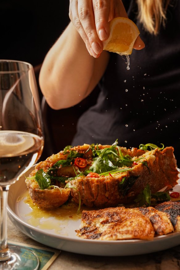 Char grilled Balmain bug with roti.