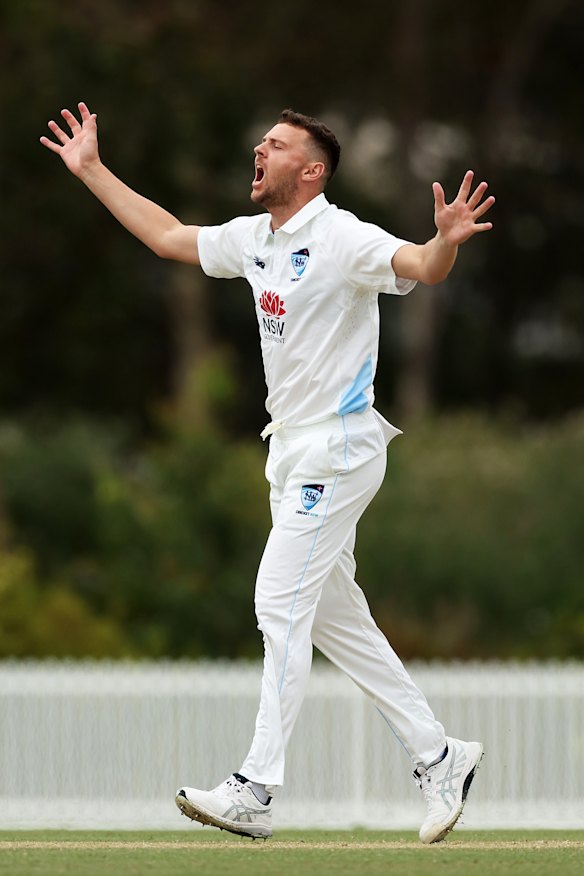Josh Hazlewood sends one down for NSW in their Sheffield Shield match with Queensland in Sydney.