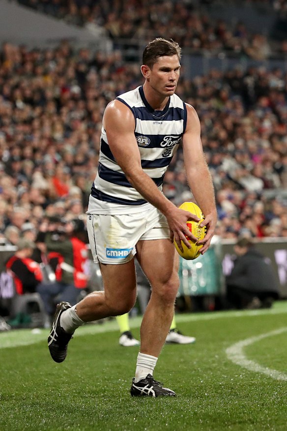Tom Hawkins in action against the Bombers.
