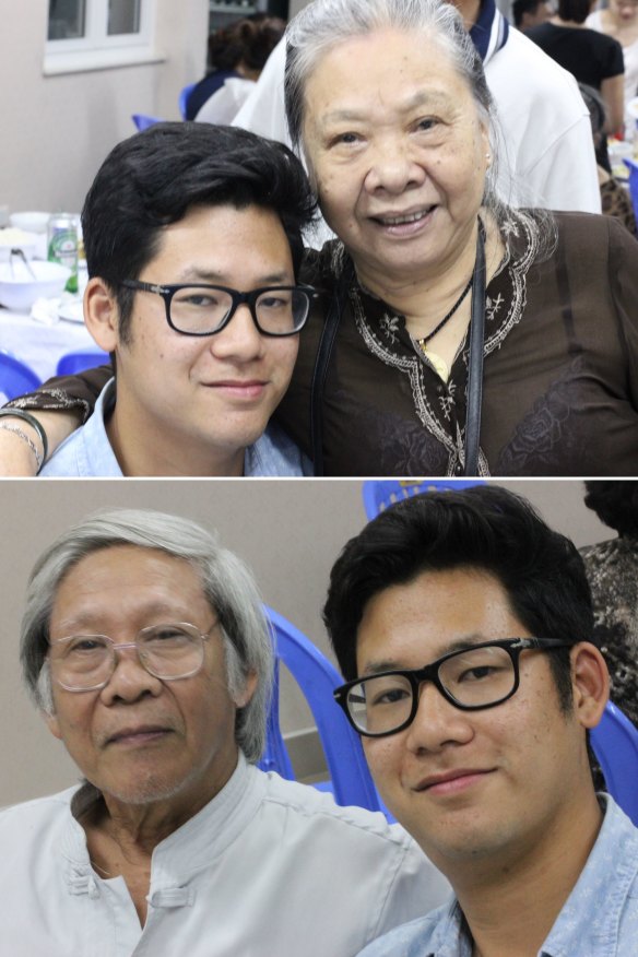 Top: Dao with his grandfather’s younger sister, Vinh Hang Đào, in Hanoi in 2014. Bottom: Dao with his grandfather’s younger brother, Bích Ngoc Đào.