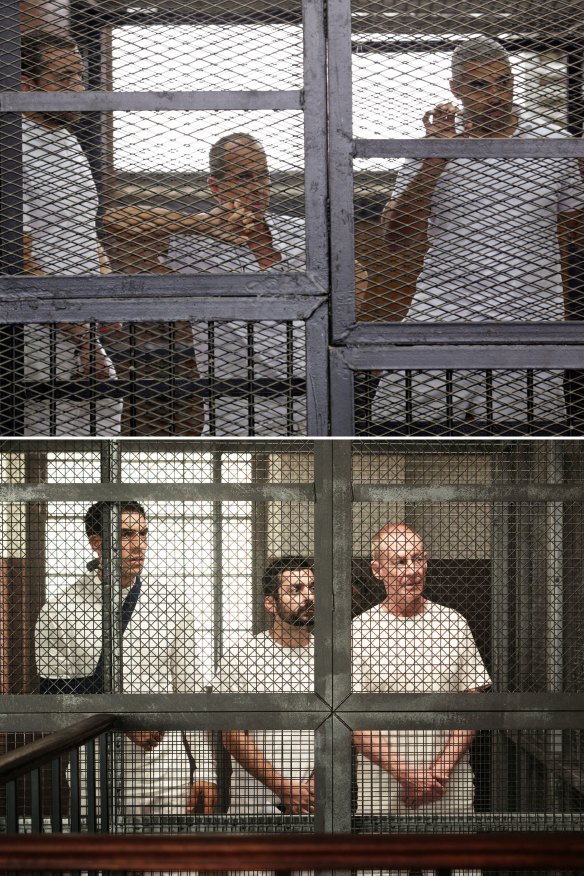 Top: (from left) Baher Mohamed, Greste and Mohamed Fahmy at their 2014 trial, where they faced charges of having links to a terrorist organisation. Below: the same court scene depicted in upcoming film The Correspondent.