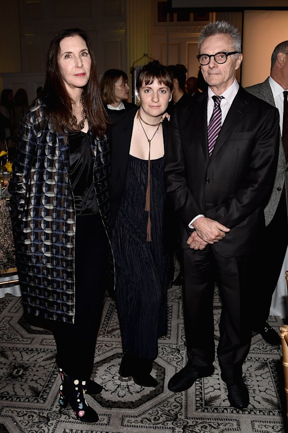 Lena Dunham (centre) with parents Laurie Simmons and Tip Dunham in New York City in 2016.