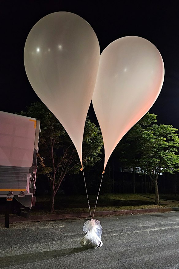 Balloons with rubbish presumably sent by North Korea, in South Chungcheong Province, South Korea, last year.