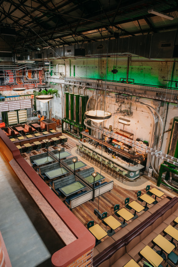 Machinery for moving coffee beans decorates the space.