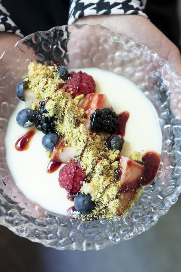 Camel milk mouhalabieh, jallab, cherries and pistachio.