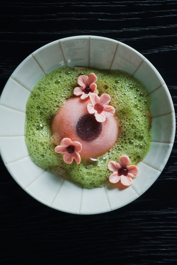 Strawberry ice cream with charred mochi.