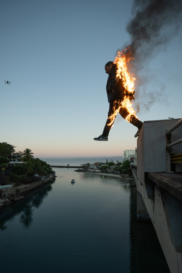 Blaine on fire in Brazil, for the National Geographic series <i>Do Not Attempt</i>.