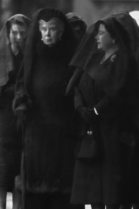 Elizabeth at the funeral of her father, King George VI, in 1952  with her grandmother, Queen Mary, and mother.

