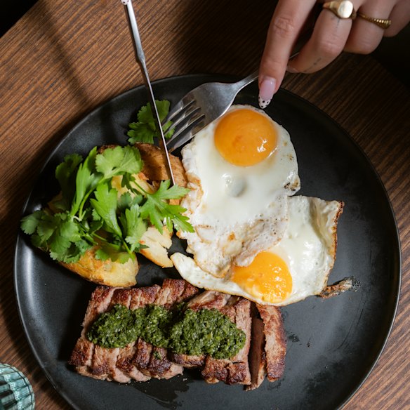 Steak and eggs with chimichurri at Treble.