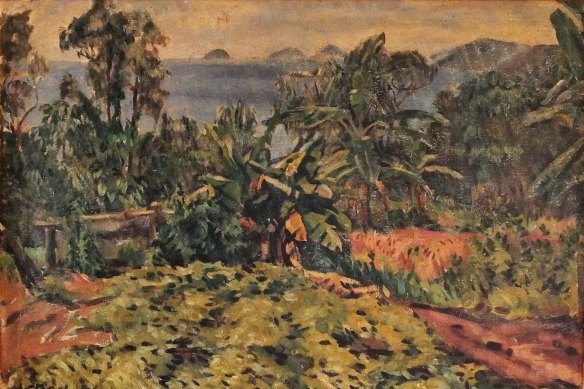 A Noel Wood original in a Bundaberg Regional Galleries exhibition. 'The Sweet Potato Patch', Bedarra Island, 1937, Oil on canvas.