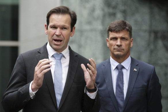 Minister for resources and northern Australia Matthew Canavan with minister for energy Angus Taylor in April.