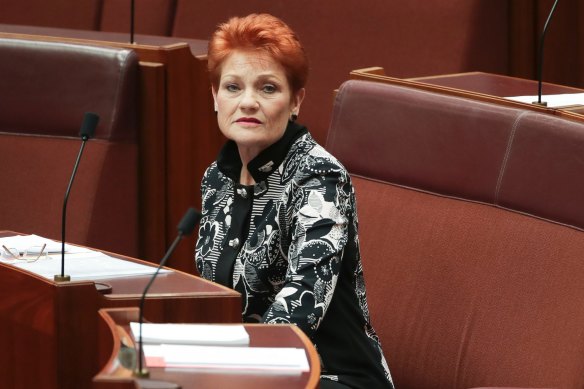Senator Pauline Hanson during debate in the Senate at Parliament House in Canberra.