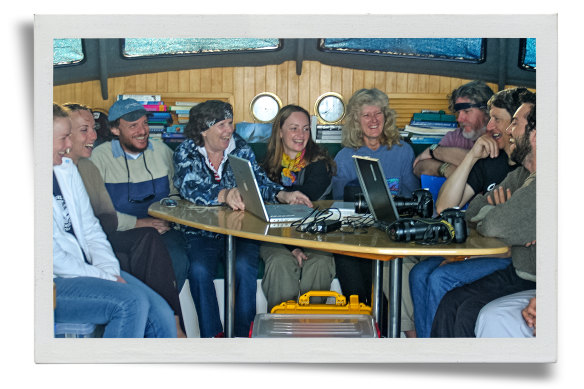 Trish with researchers on board Moon Dancer during the 2003 whale research expedition.  