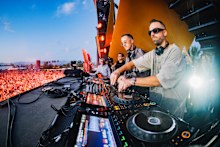 James Hunt and Jon George of Rüfüs Du Sol perform at the Quasar stage at the Coachella Valley Music And Arts Festival 