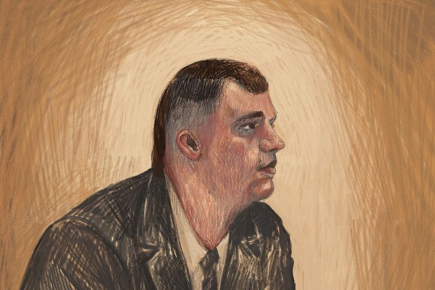 In a supplied court sketch, Lachlan Young is shown seated during his Victorian County Court rape trial in Melbourne, VIC, Australia, Thursday, August 13, 2026.