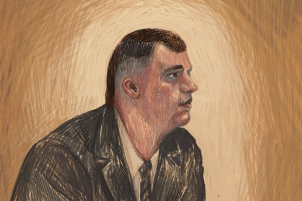 In a supplied court sketch, Lachlan Young is shown seated during his Victorian County Court rape trial in Melbourne, VIC, Australia, Thursday, August 13, 2026.