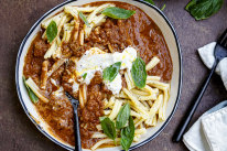 Silky sausage ragu with creamy burrata cheese.