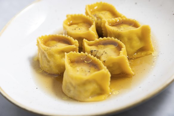 Veal agnolotti are lapped by a big-flavoured chicken broth.