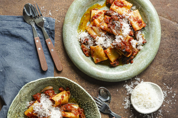 Pasta with slow-roasted shallot, chorizo and garlic sauce.