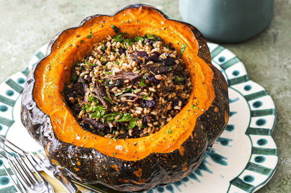 Roasted pumpkin with spiced brown rice and brisket.