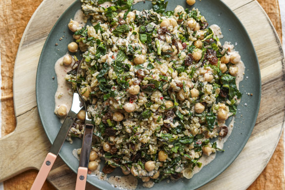 Chickpea, brown rice and greens salad with creamy harissa dressing.