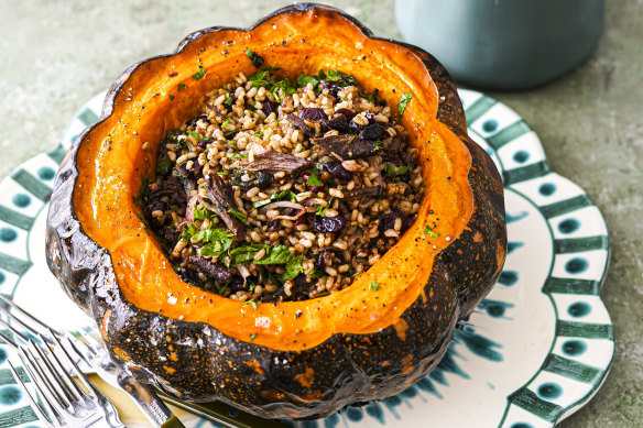 Roasted pumpkin stuffed with spiced brown rice and leftover brisket.