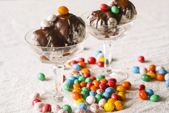 Ice-cream sundaes with leftover Easter egg chocolate sauce.