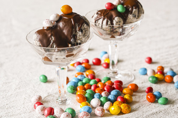 Ice-cream sundaes with leftover Easter egg chocolate sauce