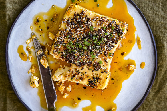 Baked feta with crunchy chilli oil and honey.