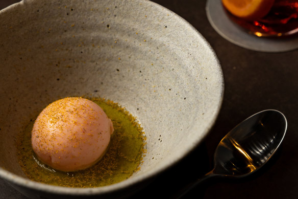 Grapefruit sorbet is splashed with the venue’s namesake aperitif, Suze.