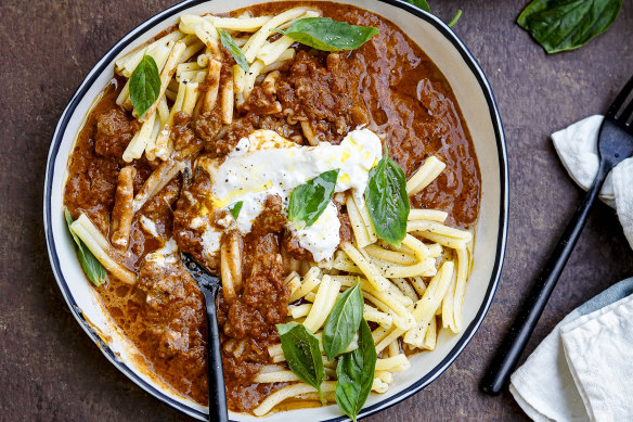 Silky sausage ragu with creamy burrata cheese.