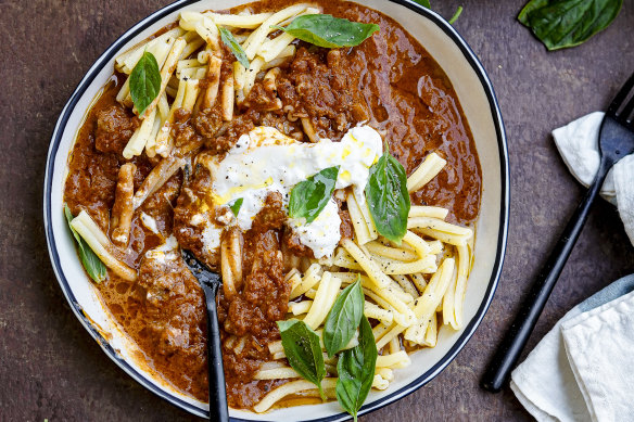 Silky sausage ragu with creamy burrata cheese.