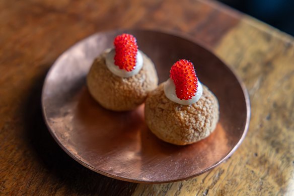 Amazake and native raspberry choux at EXP. Restaurant.