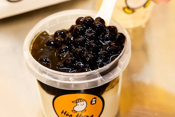 Tofu pudding with black pearls and jasmine tea syrup.