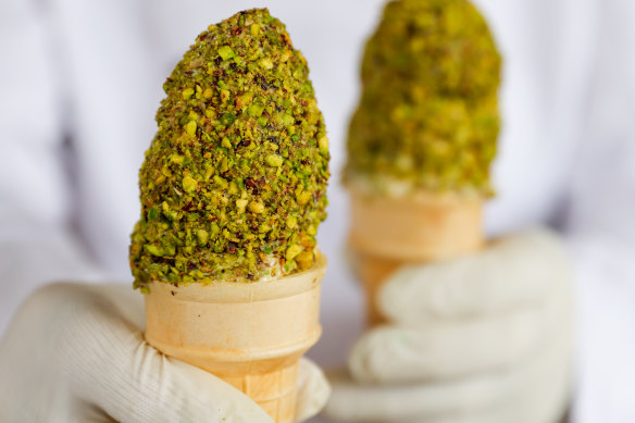 Like knafeh if it were ice cream, the signature ashta flavour is coated with chopped pistachio nuts. 