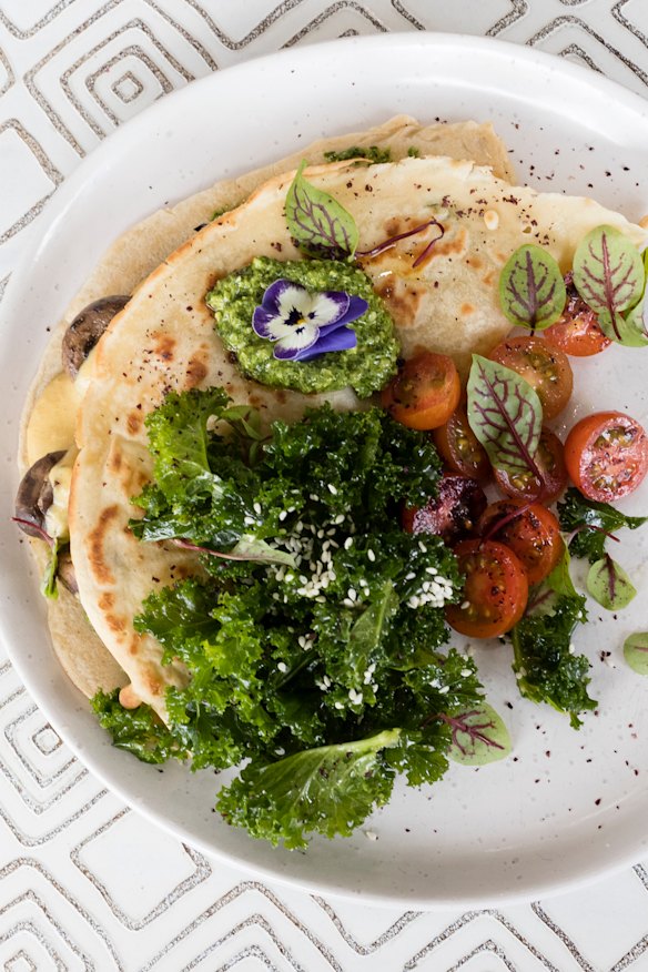 The mushroom crepe oozes plant-based cheesy goodness.